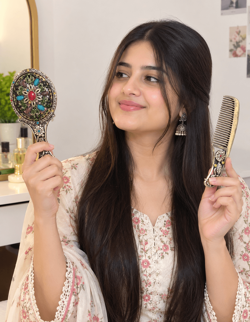Hand Mirror With Com Set
