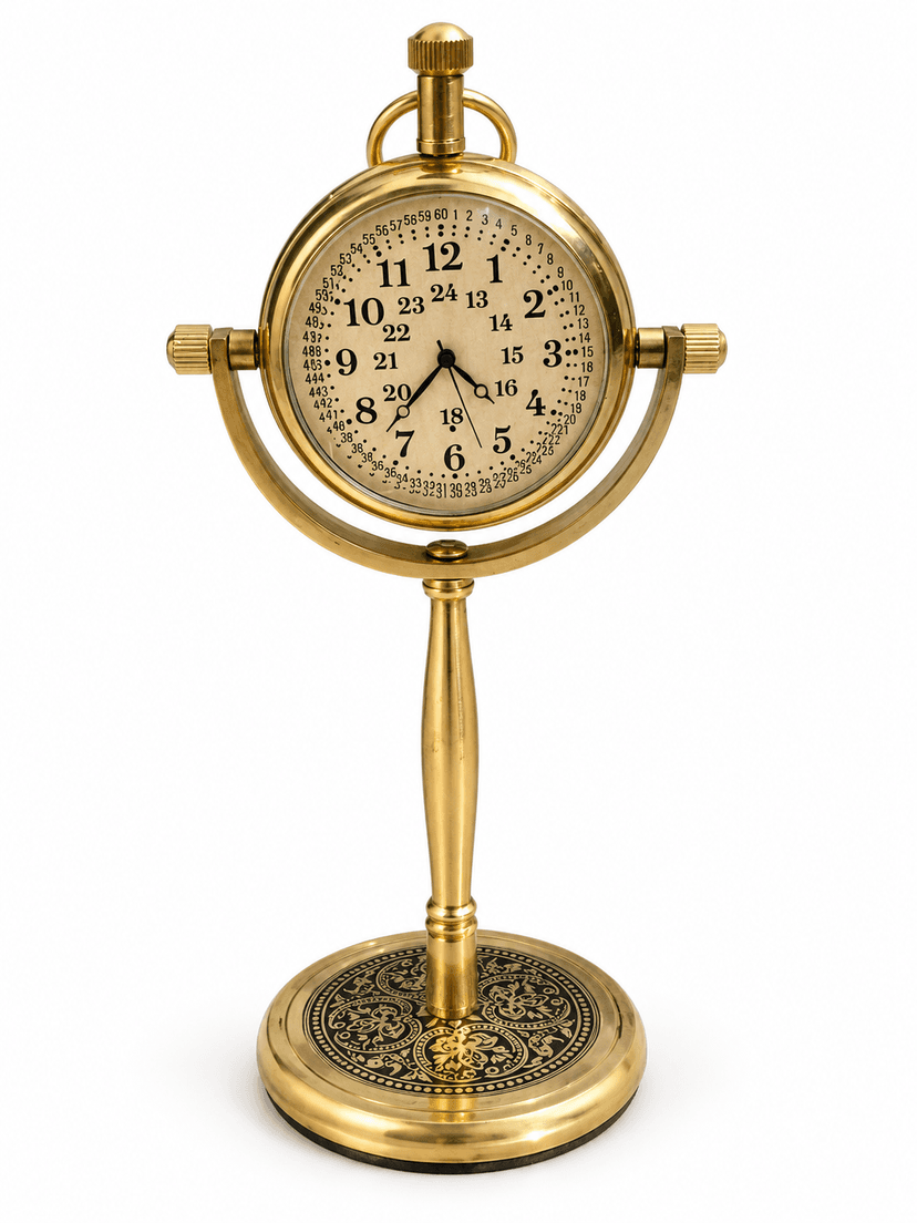 Premium Brass Table Clock with Ornate Round Base, Vintage Antique Gold Finish, Decorative Desk Clock for Living Room, Office, Study Table and Home Décor - Image 1
