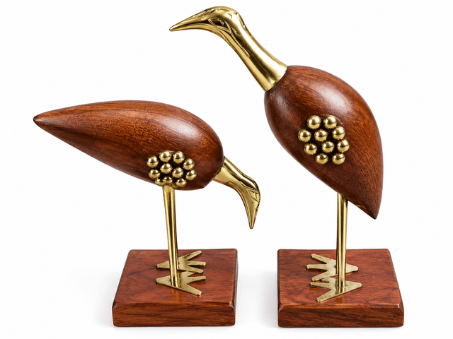 Set of 2 Decorative Wooden Bird Showpieces with Golden Metal Accents
