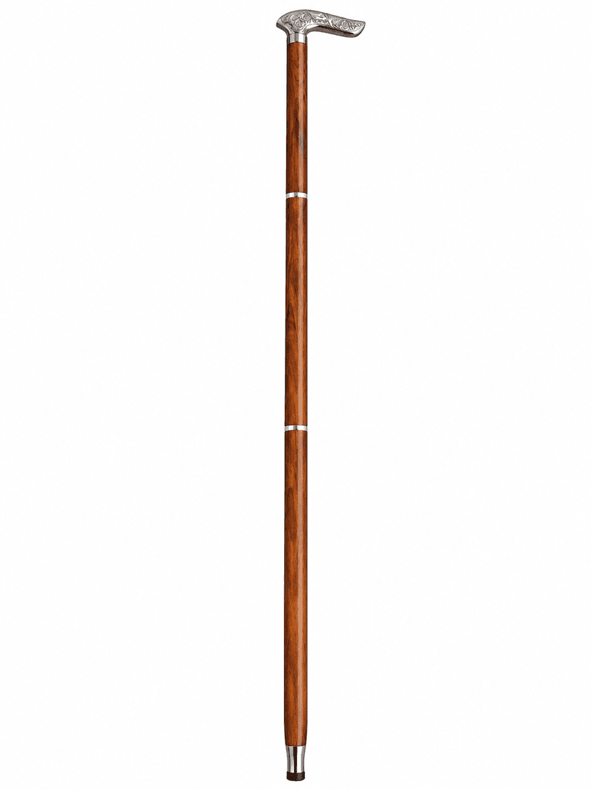 Premium Wooden Walking Stick with Engraved Metal Handle | Elegant Brown Wooden Cane for Men